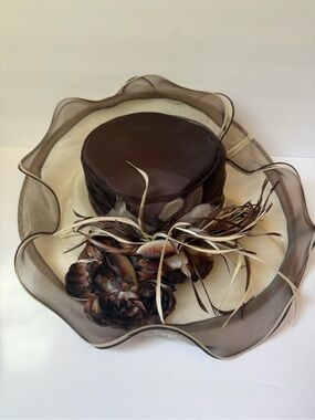 Whittall & Shon Brown Beige Organza Derby Church Hat Floral Feather EUC